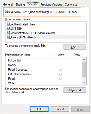 Security tab in the Properties dialog box of a network drive file
